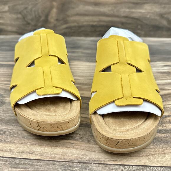 NIB Earth Willow 8.5M Yellow Leather Slip On Cork Platform Wedge Slide Sandal - Picture 3 of 10